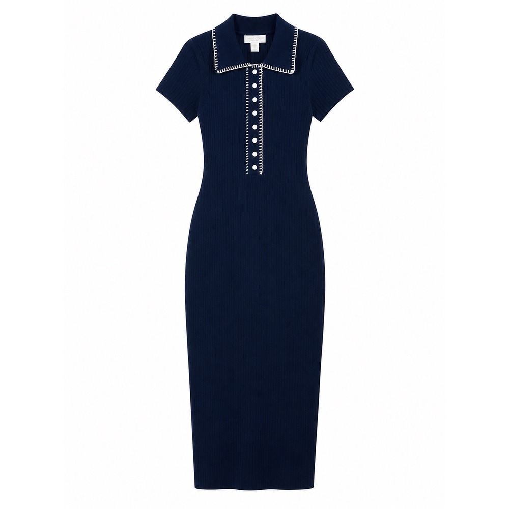 Caroline Constas Navy Blue Ribbed Knit Midi Dress White Blanket Stitch Small